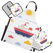 Ships Clouds Sun Cartoon Apron Set with Oven Mitts Pot Holders Set of 5 Kitchen Stuff Accessories