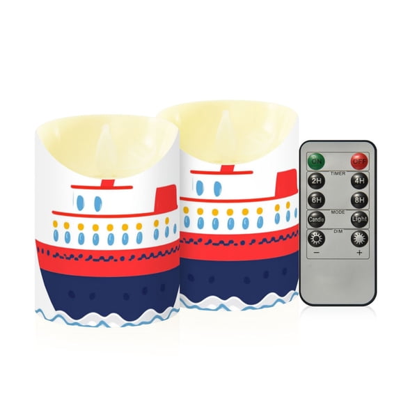 Ships Clouds Sun Cartoon Flickering Flameless Candles with Remote Timer Battery Operated LED Tealight Set of 2 S