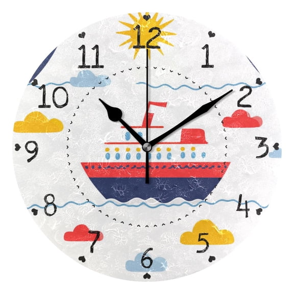 Ships Clouds Sun Cartoon Round Wall Clock Silent Analog Battery Operated Black Pointer Home Decor 9.84" Diameter