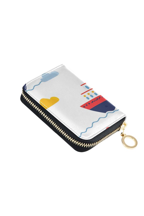 Ships Clouds Sun Cartoon Women's Credit Card Holder PU Leather Zipper Wallet RFID Blocking