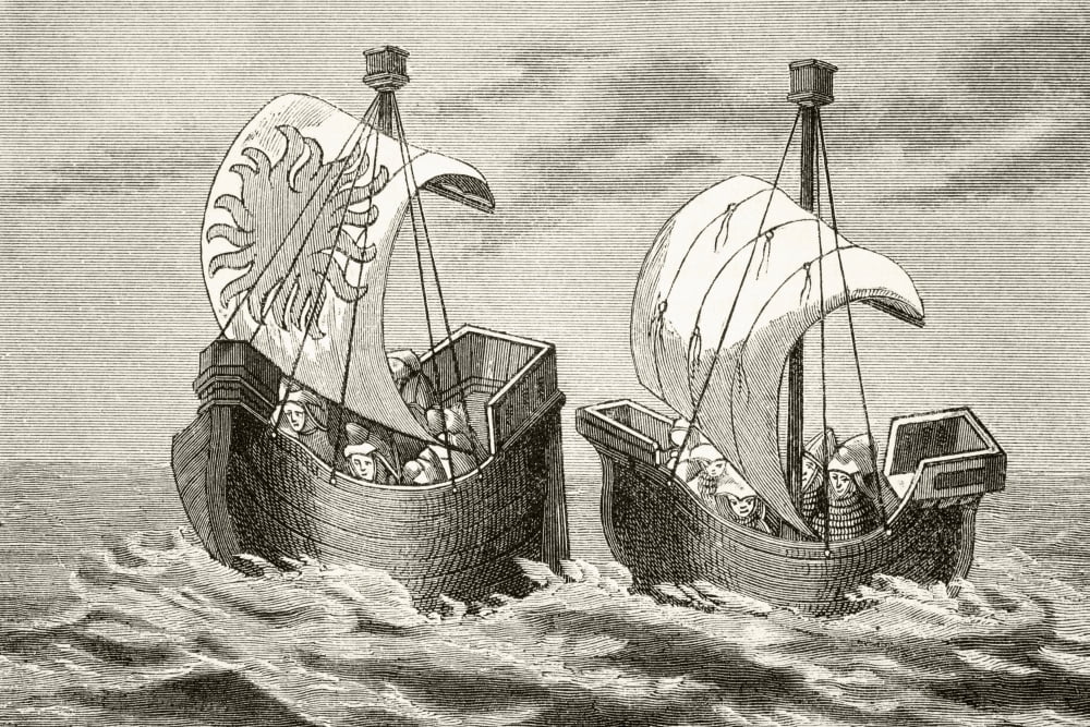 Ships Of The Fourteenth Century From The National And Domestic History Of England By William Aubrey Published London Circa 1890 Canvas Art - Ken Welsh Design Pics (36 x 24)