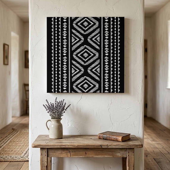 Ships Next Day Canvas Wall Art 10"x10", Black Boho Geometric Wood Framed Canvas Print Painting, Vintage Southwestern Stripes Ready to Hang Small Picture Wall Decor for Home Kitchen Nursery Office