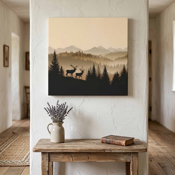 Ships Next Day Canvas Wall Art 10"x10", Black Forest Wood Framed Canvas Print Painting, Deer Silhouettes Foggy Grey Pine Tree Ready to Hang Small Picture Wall Decor for Home Kitchen Nursery Office