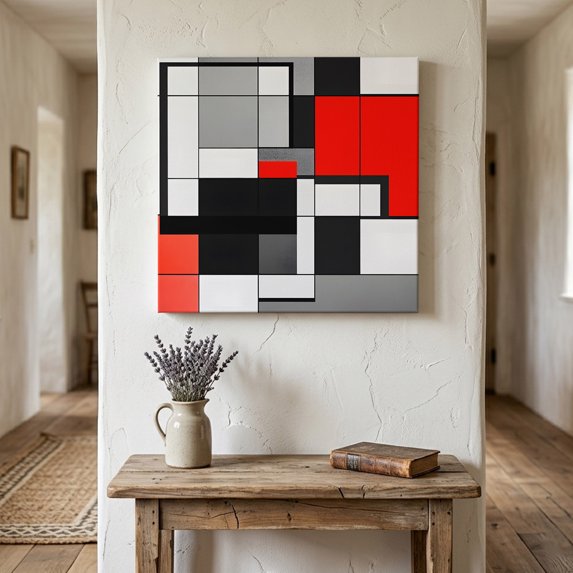Ships Next Day Canvas Wall Art 10"x10", Black Red Geometric Wood Framed Canvas Print Painting, Red White Abstract Art Modern Ready to Hang Small Picture Wall Decor for Home Kitchen Nursery Office