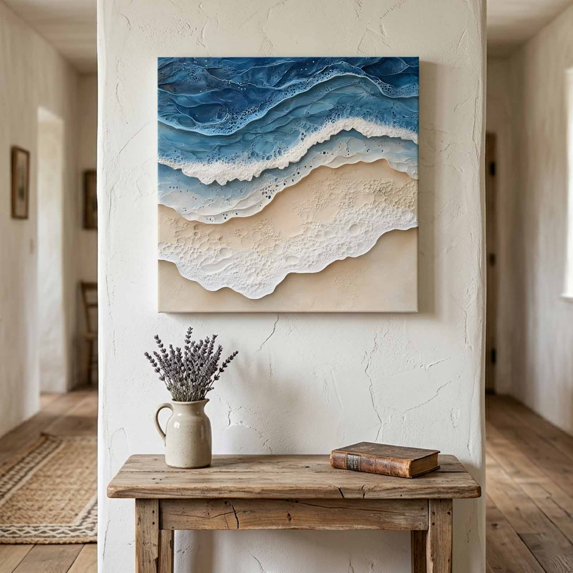 Ships Next Day Canvas Wall Art 10"x10", Blue Beach Coastal Wood Framed Canvas Print Painting, Nautical Seaside Ocean Beige Ready to Hang Small Picture Wall Decor for Home Kitchen Nursery Office