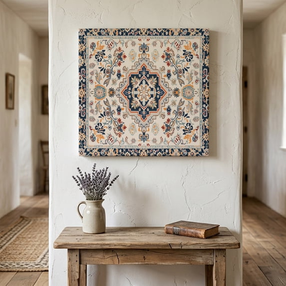 Ships Next Day Canvas Wall Art 10"x10", Blue Boho Wood Framed Canvas Print Painting, Ethnic Vintage Mexican Flowers Southwestern Ready to Hang Small Picture Wall Decor for Home Kitchen Nursery Office