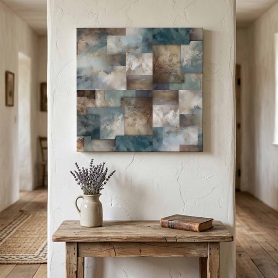 Ships Next Day Canvas Wall Art 10"x10", Blue Brown Geometric Wood Framed Canvas Print Painting, Modern Ombre Abstract Art Ready to Hang Small Picture Wall Decor for Home Kitchen Nursery Office