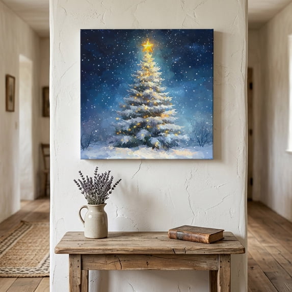 Ships Next Day Canvas Wall Art 10"x10", Blue Christmas Tree Wood Framed Canvas Print Painting, Xmas Snowflake Star Ready to Hang Small Picture Wall Decor for Home Kitchen Nursery Office