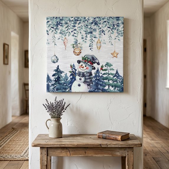 Ships Next Day Canvas Wall Art 10"x10",Blue Christmas Wood Framed Canvas Print Painting,Snowman Eucalyptus Leaves Xmas Snowflake Ready to Hang Small Picture Wall Decor for Home Kitchen Nursery Office