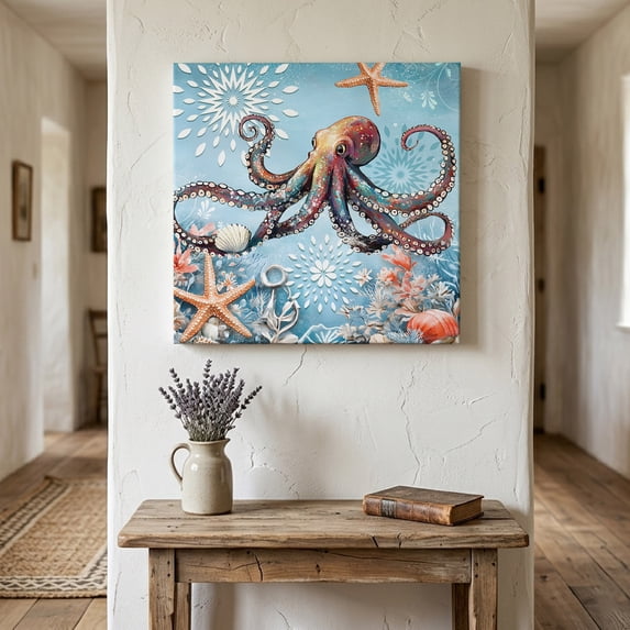 Ships Next Day Canvas Wall Art 10"x10", Blue Coastal Octopus Wood Framed Canvas Print Painting, Summer Beach Starfish Botanical Ready to Hang Small Picture Wall Decor for Home Kitchen Nursery Office