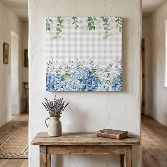 Ships Next Day Canvas Wall Art 10"x10", Blue Flower Wood Framed Canvas Print Painting, Grey Plaid Hydrangeas Eucalyptus Leaves Ready to Hang Small Picture Wall Decor for Home Kitchen Nursery Office
