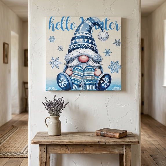 Ships Next Day Canvas Wall Art 10"x10", Blue Gnomes Christmas Wood Framed Canvas Print Painting, Xmas Snowflake Hello Winter Ready to Hang Small Picture Wall Decor for Home Kitchen Nursery Office