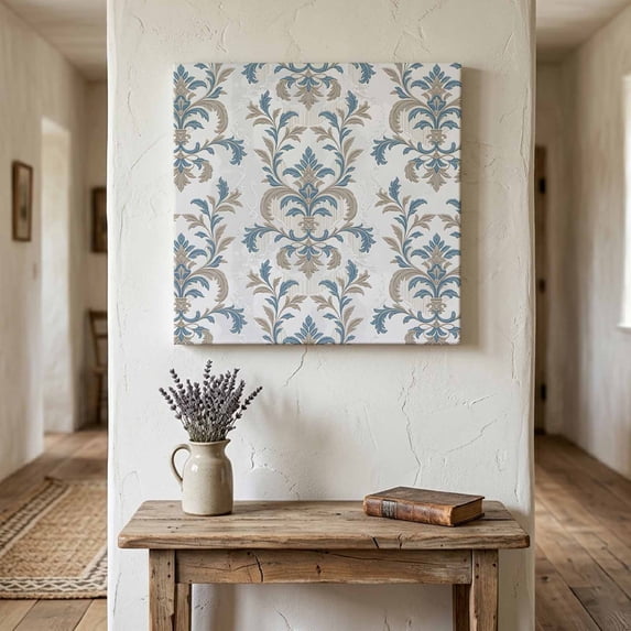 Ships Next Day Canvas Wall Art 10"x10", Blue Tan Flower Wood Framed Canvas Print Painting, Abstract Vintage Ethnic Tribal Boho Ready to Hang Small Picture Wall Decor for Home Kitchen Nursery Office