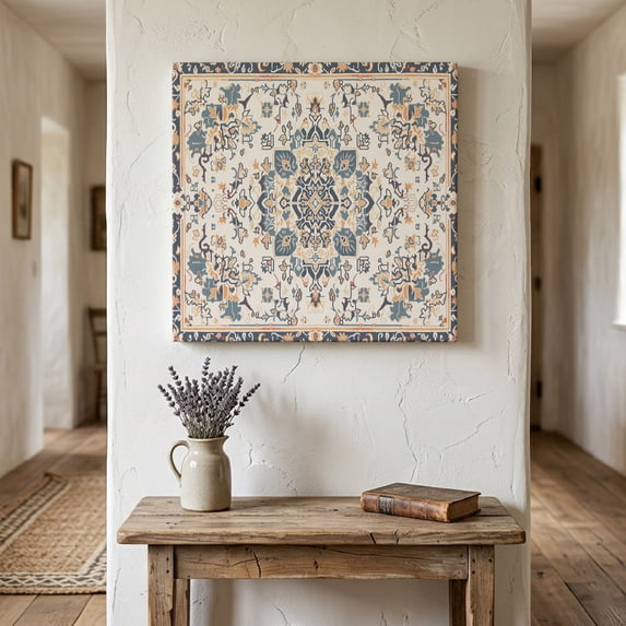 Ships Next Day Canvas Wall Art 10"x10", Boho Blue Wood Framed Canvas Print Painting, Southwestern Ethnic Vintage Mexican Flowers Ready to Hang Small Picture Wall Decor for Home Kitchen Nursery Office