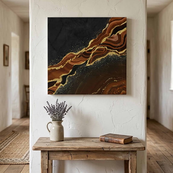 Ships Next Day Canvas Wall Art 10"x10", Brown Marble Wood Framed Canvas Print Painting, Gold Abstract Vintage Modern Ombre Art Ready to Hang Small Picture Wall Decor for Home Kitchen Nursery Office