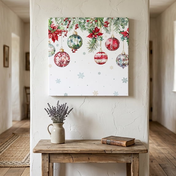 Ships Next Day Canvas Wall Art 10"x10", Christmas Balls Wood Framed Canvas Print Painting, Red Green Xmas Botanical Snowflake Ready to Hang Small Picture Wall Decor for Home Kitchen Nursery Office