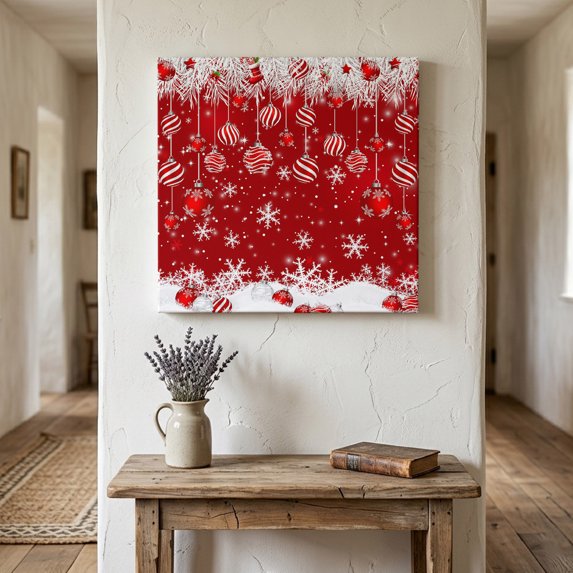 Ships Next Day Canvas Wall Art 10"x10", Christmas Red Wood Framed Canvas Print Painting, Snowflake Xmas Weeping Ball Winter Ready to Hang Small Picture Wall Decor for Home Kitchen Nursery Office