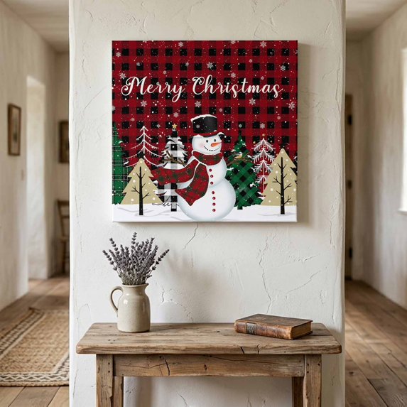 Ships Next Day Canvas Wall Art 10"x10",Christmas Snowman Wood Framed Canvas Print Painting,Red Black Checkered Xmas Tree Winter Snowflake Ready to Hang Picture Wall Decor for Kitchen Nursery Office