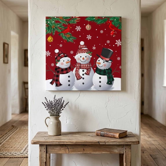 Ships Next Day Canvas Wall Art 10"x10",Christmas Snowman Wood Framed Canvas Print Painting,Red Xmas Pine Branch Snowflake Red Birds Ready to Hang Small Picture Wall Decor for Kitchen Nursery Office
