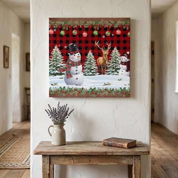 Ships Next Day Canvas Wall Art 10"x10", Christmas Snowman Wood Framed Canvas Print Painting, Xmas Winter Red Black Plaid Wooden Ready to Hang Small Picture Wall Decor for Home Kitchen Nursery Office