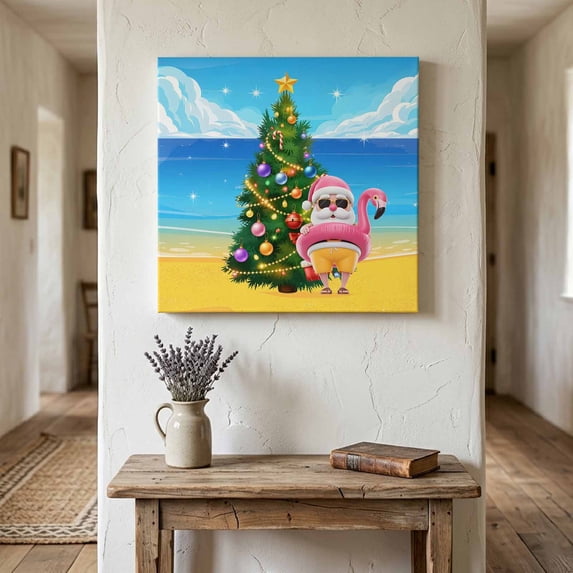 Ships Next Day Canvas Wall Art 10"x10", Christmas Tree Wood Framed Canvas Print Painting, Summer Santa Claus Blue Beach Coastal Ready to Hang Small Picture Wall Decor for Home Kitchen Nursery Office