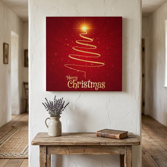 Ships Next Day Canvas Wall Art 10"x10",Christmas Wood Framed Canvas Print Painting,Abstract Golden Sparkle Xmas Tree Red Winter Ready to Hang Small Picture Wall Decor for Home Kitchen Nursery Office