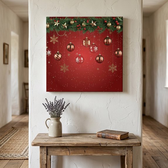 Ships Next Day Canvas Wall Art 10"x10",Christmas Wood Framed Canvas Print Painting,Red Xmas Balls Pine Branches Snowflakes Winter Ready to Hang Small Picture Wall Decor for Kitchen Nursery Office