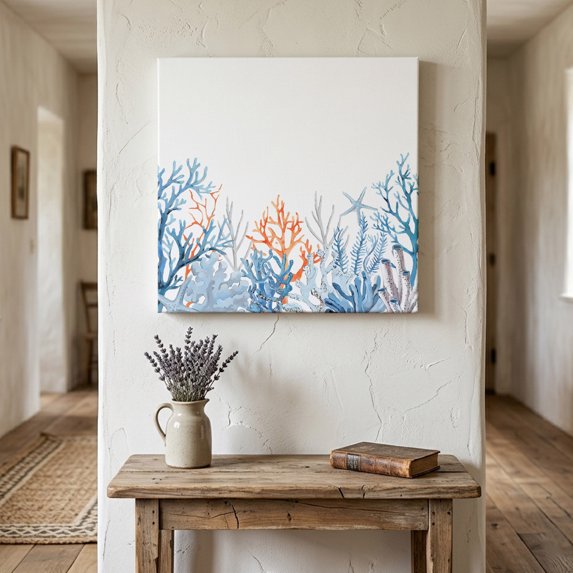 Ships Next Day Canvas Wall Art 10"x10", Coastal Coral Wood Framed Canvas Print Painting, Blue Ocean Starfish Seagrass Watercolor Ready to Hang Small Picture Wall Decor for Home Kitchen Nursery Office