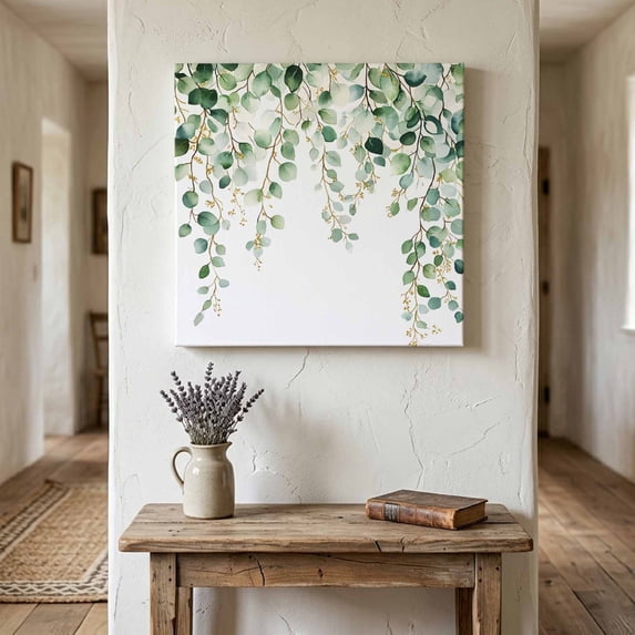 Ships Next Day Canvas Wall Art 10"x10", Eucalyptus Leaves Wood Framed Canvas Print Painting, Teal Botanical Summer Watercolor Ready to Hang Small Picture Wall Decor for Home Kitchen Nursery Office