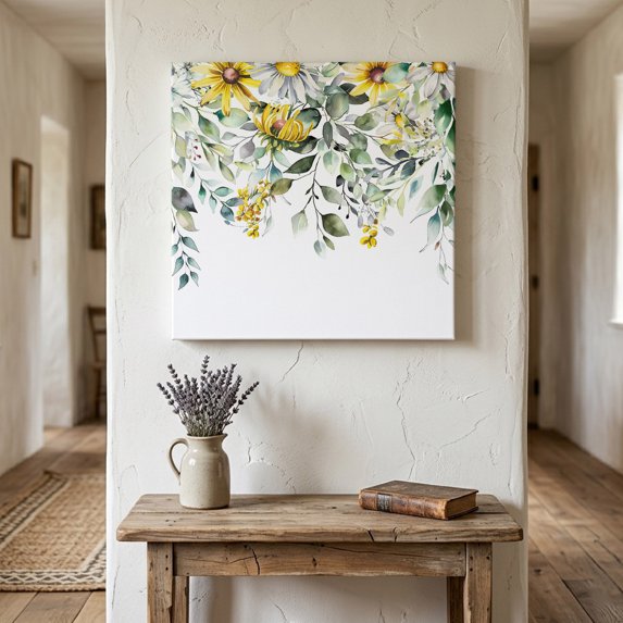 Ships Next Day Canvas Wall Art 10"x10",Flowers Eucalyptus Wood Framed Canvas Print Painting,Rustic Botanical Daisy Leaves Floral Ready to Hang Small Picture Wall Decor for Home Kitchen Nursery Office