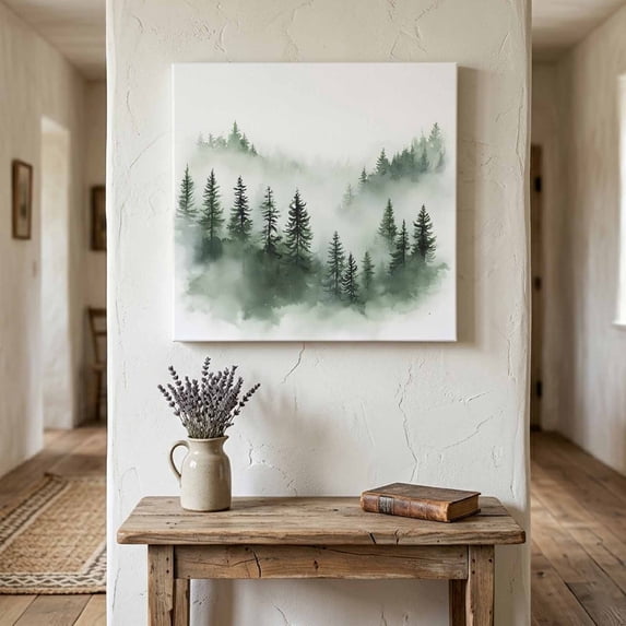 Ships Next Day Canvas Wall Art 10"x10", Foggy Forest Wood Framed Canvas Print Painting, Green Mist Mountain Natural Landscape Ready to Hang Small Picture Wall Decor for Home Kitchen Nursery Office