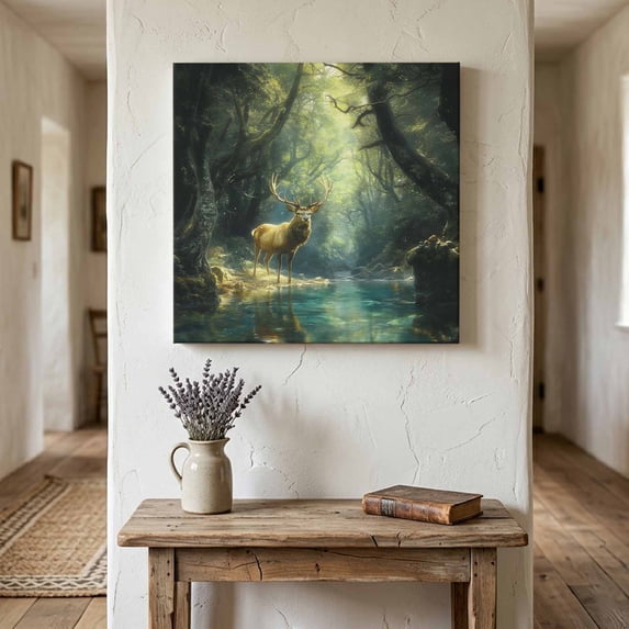 Ships Next Day Canvas Wall Art 10"x10", Green Forest Deer Wood Framed Canvas Print Painting, Fantasy Vintage Nature Scenery Ready to Hang Small Picture Wall Decor for Home Kitchen Nursery Office