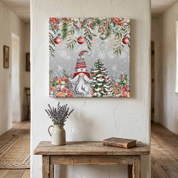 Ships Next Day Canvas Wall Art 10"x10", Grey Gnomes Christmas Wood Framed Canvas Print Painting, Red Xmas Balls Snowflake Tree Ready to Hang Small Picture Wall Decor for Home Kitchen Nursery Office