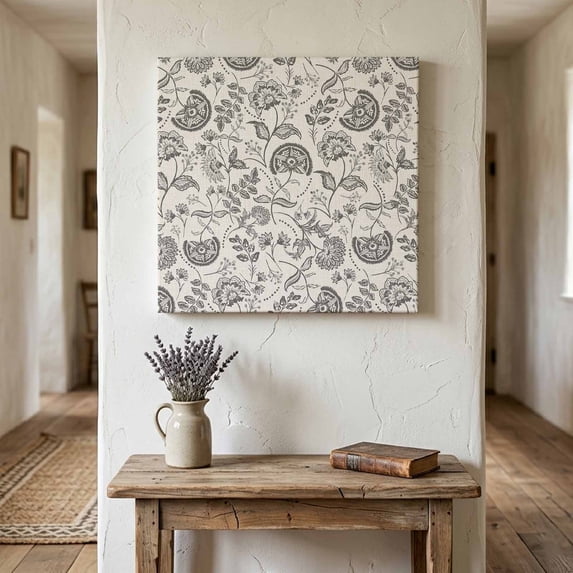 Ships Next Day Canvas Wall Art 10"x10", Grey Paisley Wood Framed Canvas Print Painting, Boho Flower Botanical Leaf Branch Ready to Hang Small Picture Wall Decor for Home Kitchen Nursery Office
