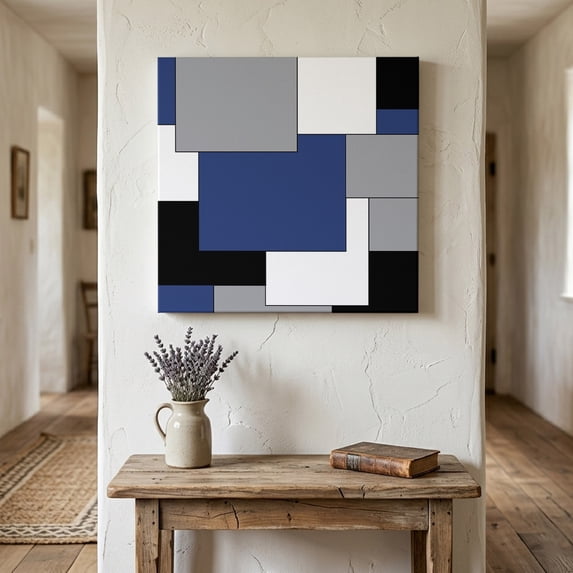 Ships Next Day Canvas Wall Art 10"x10",Navy Blue Grey Black Geometric Wood Framed Canvas Print Painting,Middle Century Art Abstract Aesthetics Ready to Hang Picture Wall Decor for Kitchen Nursery