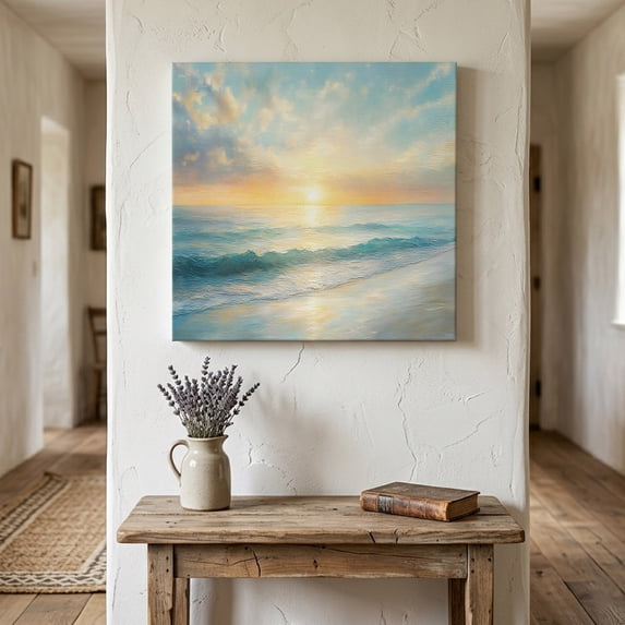 Ships Next Day Canvas Wall Art 10"x10", Ocean Sunrise Coastal Wood Framed Canvas Print Painting, Summer Beach Abstract Art Ready to Hang Small Picture Wall Decor for Home Kitchen Nursery Office
