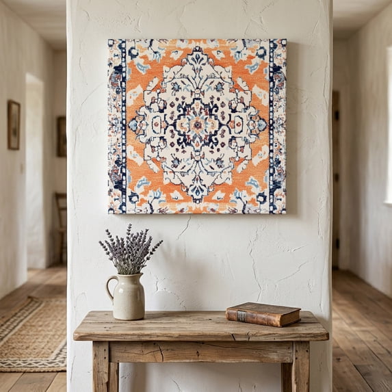 Ships Next Day Canvas Wall Art 10"x10", Orange Boho Wood Framed Canvas Print Painting, Vintage Ethnic Tribe Abstract Art Ready to Hang Small Picture Wall Decor for Home Kitchen Nursery Office
