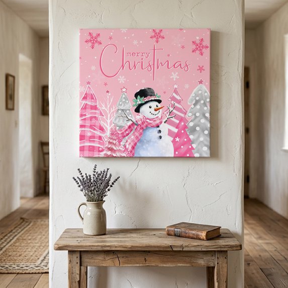 Ships Next Day Canvas Wall Art 10"x10", Pink Christmas Wood Framed Canvas Print Painting, Xmas Snowman Snowflake Tree Gray Ready to Hang Small Picture Wall Decor for Home Kitchen Nursery Office