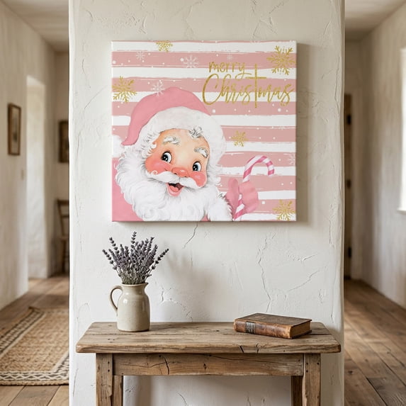 Ships Next Day Canvas Wall Art 10"x10", Pink Santa Christmas Wood Framed Canvas Print Painting, Snowflake Xmas Pink Striped Ready to Hang Small Picture Wall Decor for Home Kitchen Nursery Office
