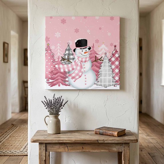 Ships Next Day Canvas Wall Art 10"x10",Pink Snowman Christmas Wood Framed Canvas Print Painting,Winter Snowflake Pink Grey Xmas Tree Ready to Hang Small Picture Wall Decor for Kitchen Nursery Office