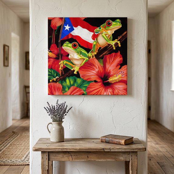 Ships Next Day Canvas Wall Art 10"x10", Puerto Rico Flag Wood Framed Canvas Print Painting, Frog Red Flower Summer Leaf Ready to Hang Small Picture Wall Decor for Home Kitchen Nursery Office
