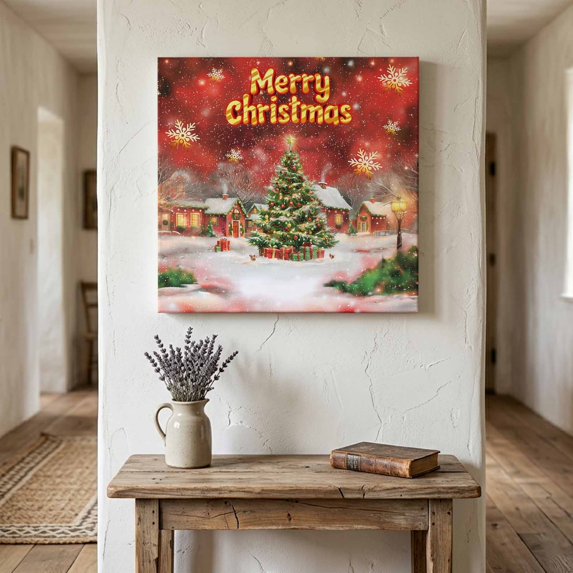 Ships Next Day Canvas Wall Art 10"x10",Red Green Christmas Wood Framed Canvas Print Painting,Winter Snowflakes Xmas Trees Village Ready to Hang Small Picture Wall Decor for Kitchen Nursery Office