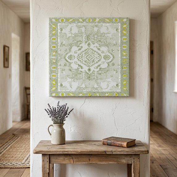 Ships Next Day Canvas Wall Art 10"x10",Sage Green Wood Framed Canvas Print Painting,Boho Retro Decorative Abstract Floral Ethnic Ready to Hang Small Picture Wall Decor for Home Kitchen Nursery Office