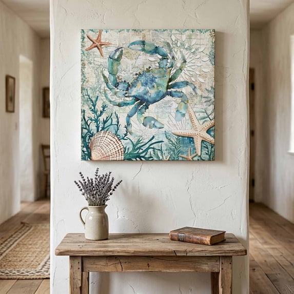 Ships Next Day Canvas Wall Art 10"x10", Teal Coastal Crab Wood Framed Canvas Print Painting, Vintage Summer Beach Nautical Coral Ready to Hang Small Picture Wall Decor for Home Kitchen Nursery Office