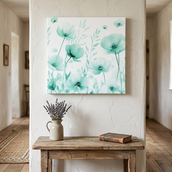 Ships Next Day Canvas Wall Art 10"x10",Teal Spring Floral Wood Framed Canvas Print Painting,Summer Botanical Watercolor Vintage Ready to Hang Small Picture Wall Decor for Home Kitchen Nursery Office