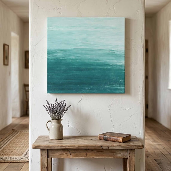 Ships Next Day Canvas Wall Art 10"x10",Turquoise Ombre Wood Framed Canvas Print Painting,Modern Abstract Art Ocean Oil Painting Ready to Hang Small Picture Wall Decor for Home Kitchen Nursery Office