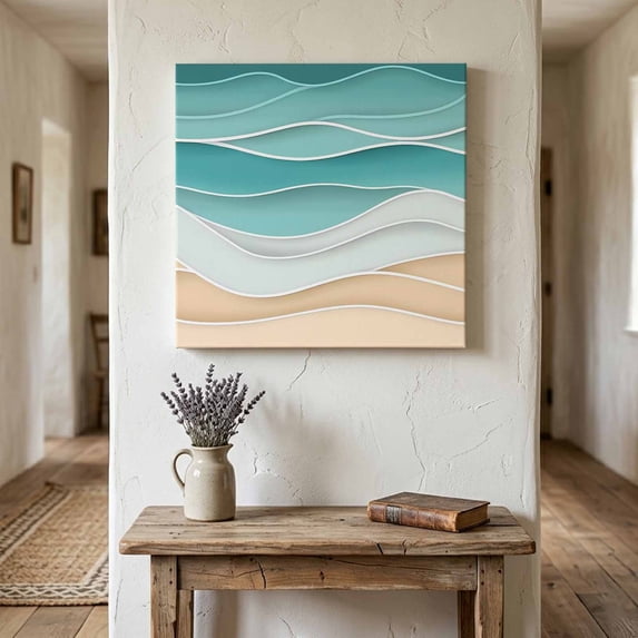 Ships Next Day Canvas Wall Art 10"x10", Turquoise Wood Framed Canvas Print Painting, Ocean Wave Stripes Modern Abstract Beach Ready to Hang Small Picture Wall Decor for Home Kitchen Nursery Office
