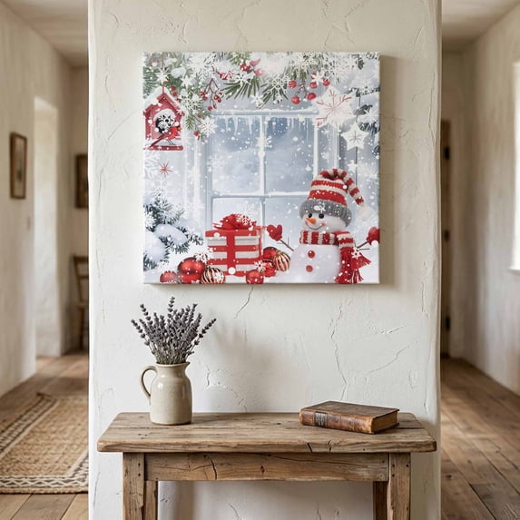 Ships Next Day Canvas Wall Art 10"x10",Xmas Snowman Birds Wood Framed Canvas Print Painting,Christmas Green Silver Pine Snowflake Ready to Hang Small Picture Wall Decor for Kitchen Nursery Office