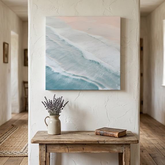 Ships Next Day Canvas Wall Art 12"x12", Beach Blue Wood Framed Canvas Print Painting, Gradient Ocean Waves Seashore Sunset Ready to Hang Small Picture Wall Decor for Home Kitchen Dining Room Office