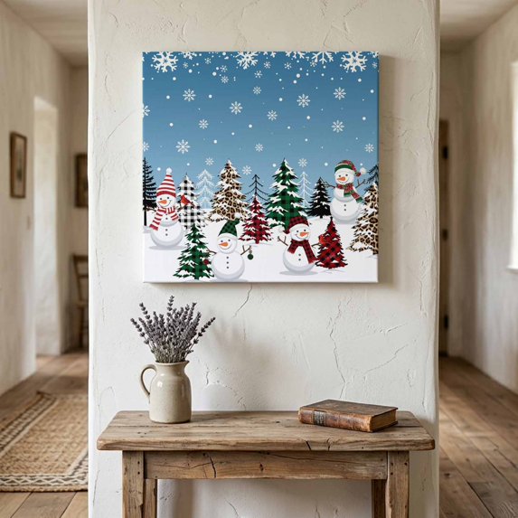 Ships Next Day Canvas Wall Art 12"x12", Blue Christmas Wood Framed Canvas Print Painting, Snowman Xmas Tree Winter Snowflake Ready to Hang Small Picture Wall Decor for Home Kitchen Dining Room Office
